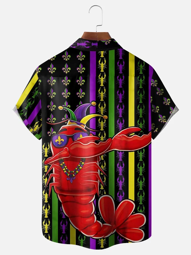 Tall Size Moisture-wicking Mardi Gras Lobster Chest Pocket Hawaiian Shirt