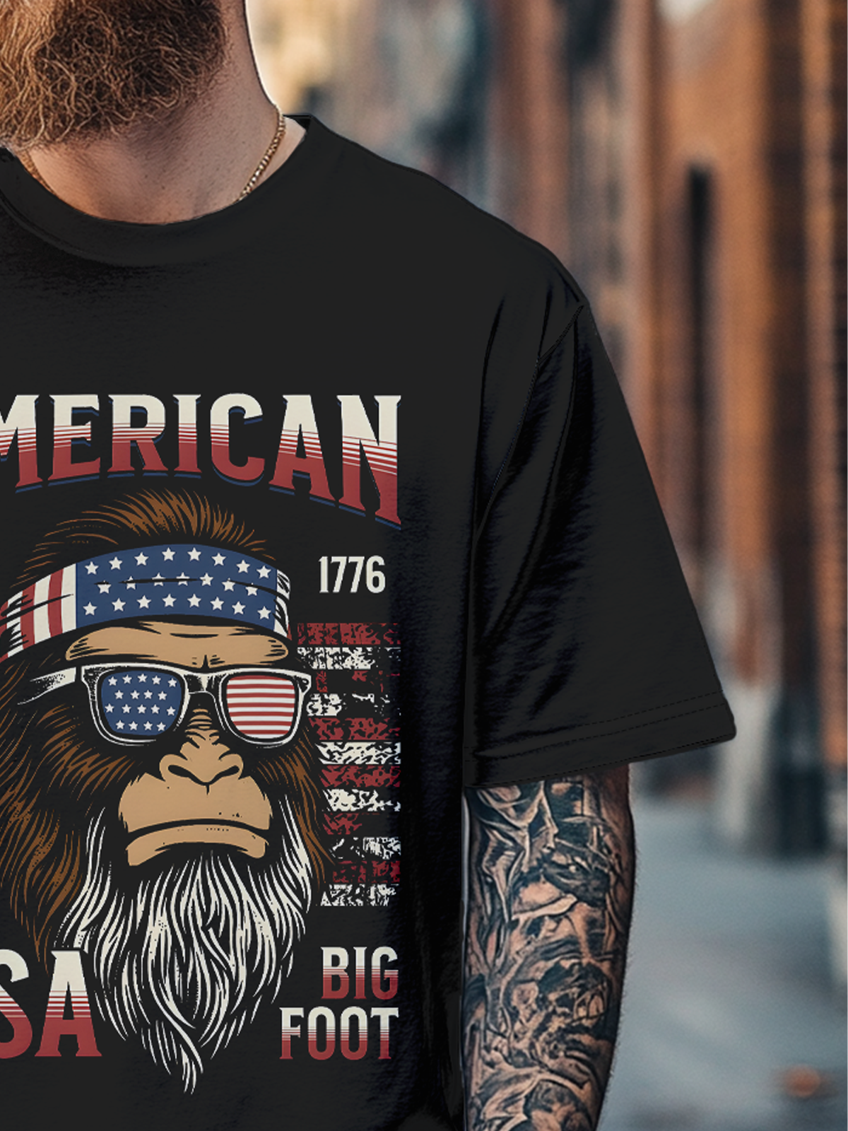 Men's American Flag Bigfoot Independence Day 1776 Fitted T-shirts