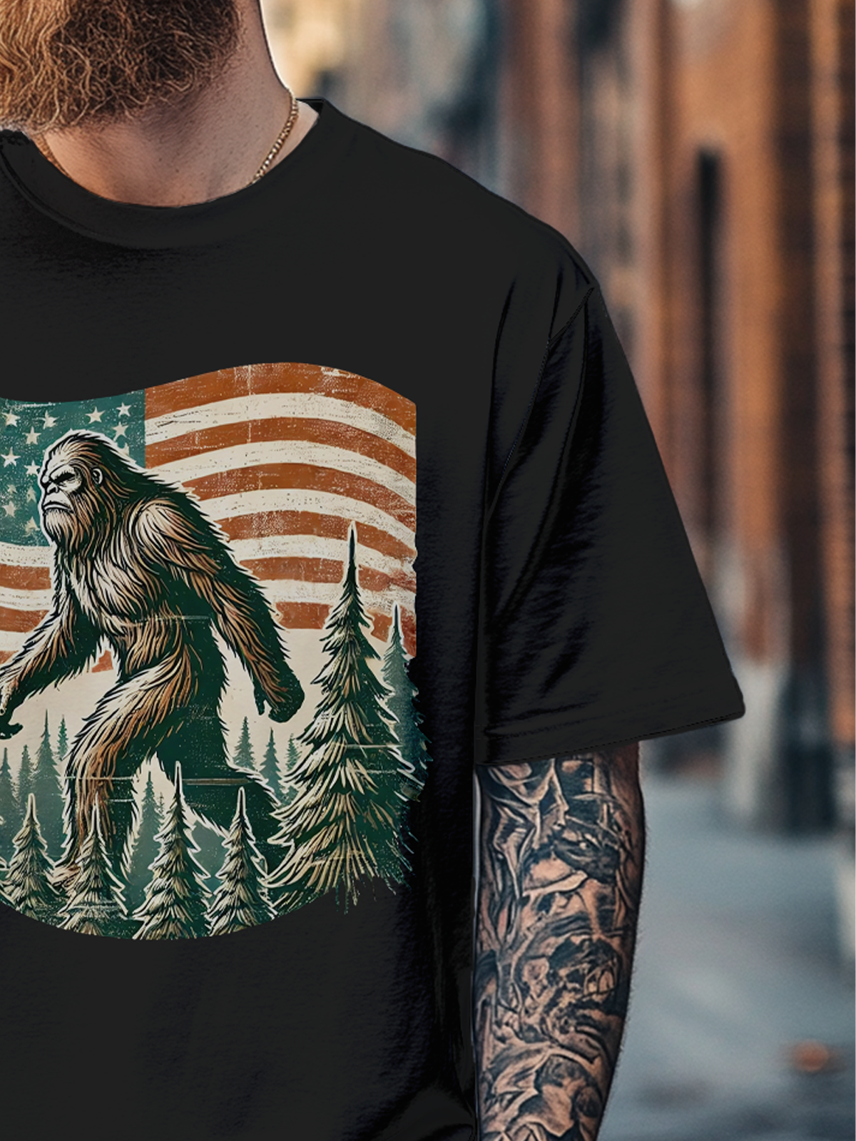Men's American Flag Bigfoot Independence Day Fitted T-shirts