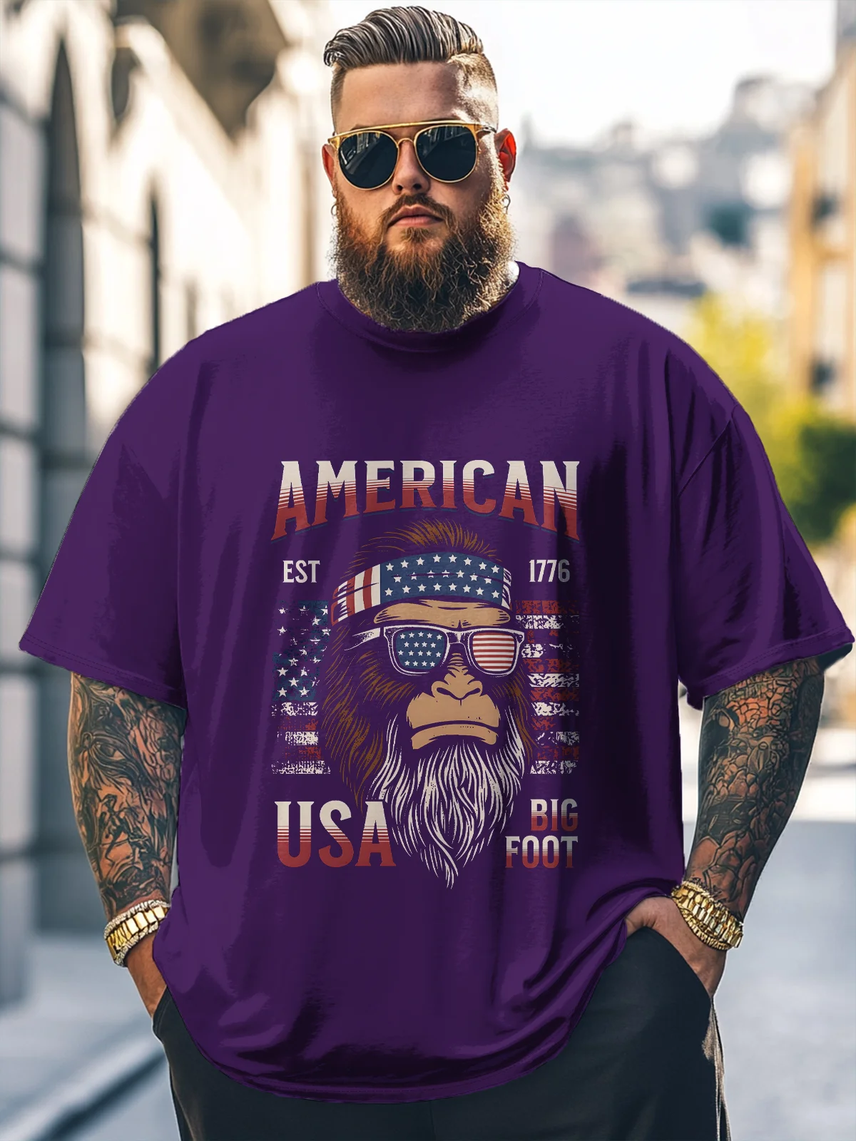 Big Size Men's Bigfoot Independence Day Loose T-shirt