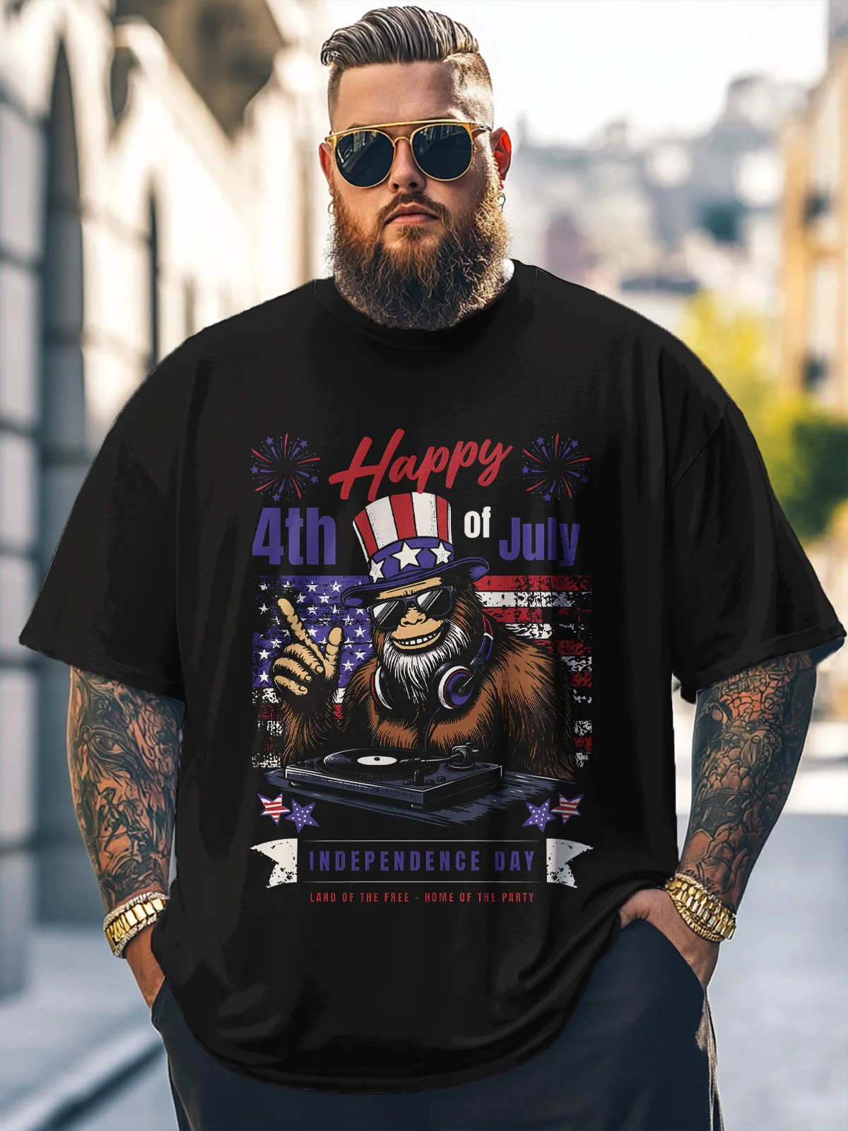 Big Size Men's 4th of July Bigfoot Flag Loose T-shirt