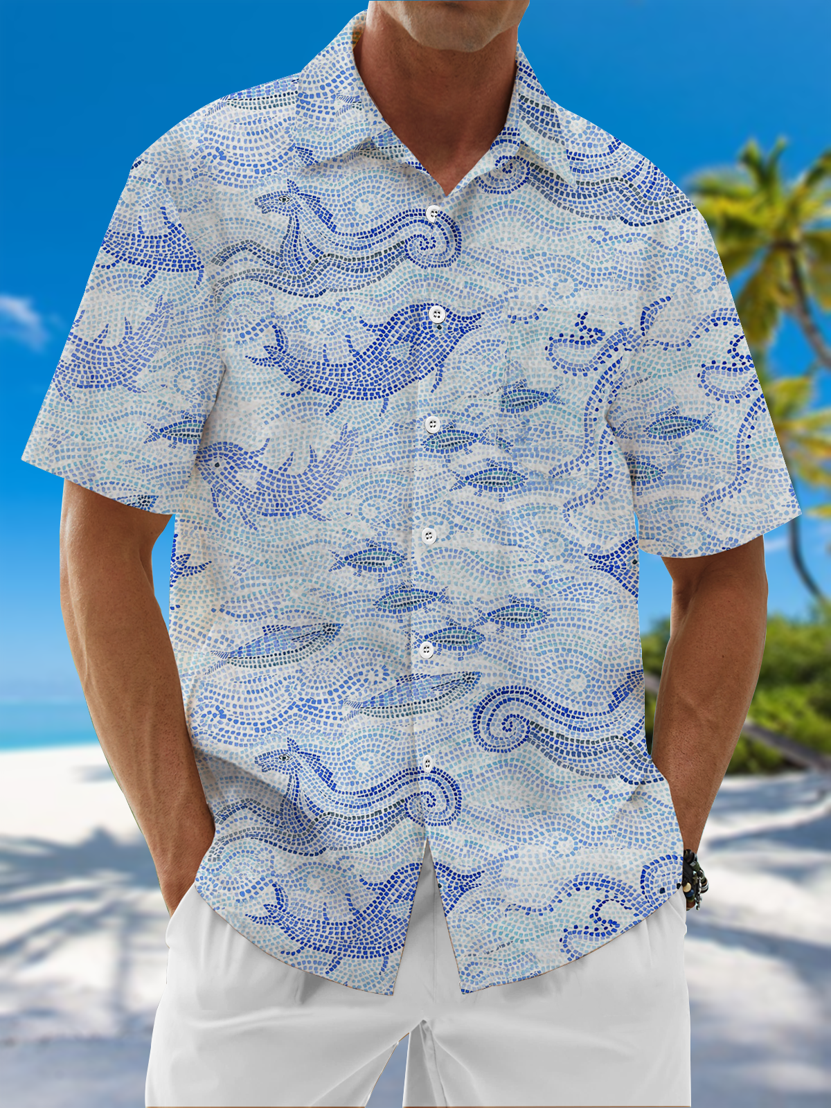 Moisture Wicking Ocean Elements Fish Chest Pocket Hawaiian Shirt