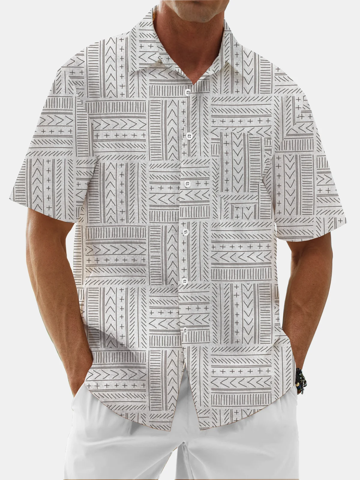 Moisture Wicking Geometric Check Chest Pocket Hawaiian Shirt