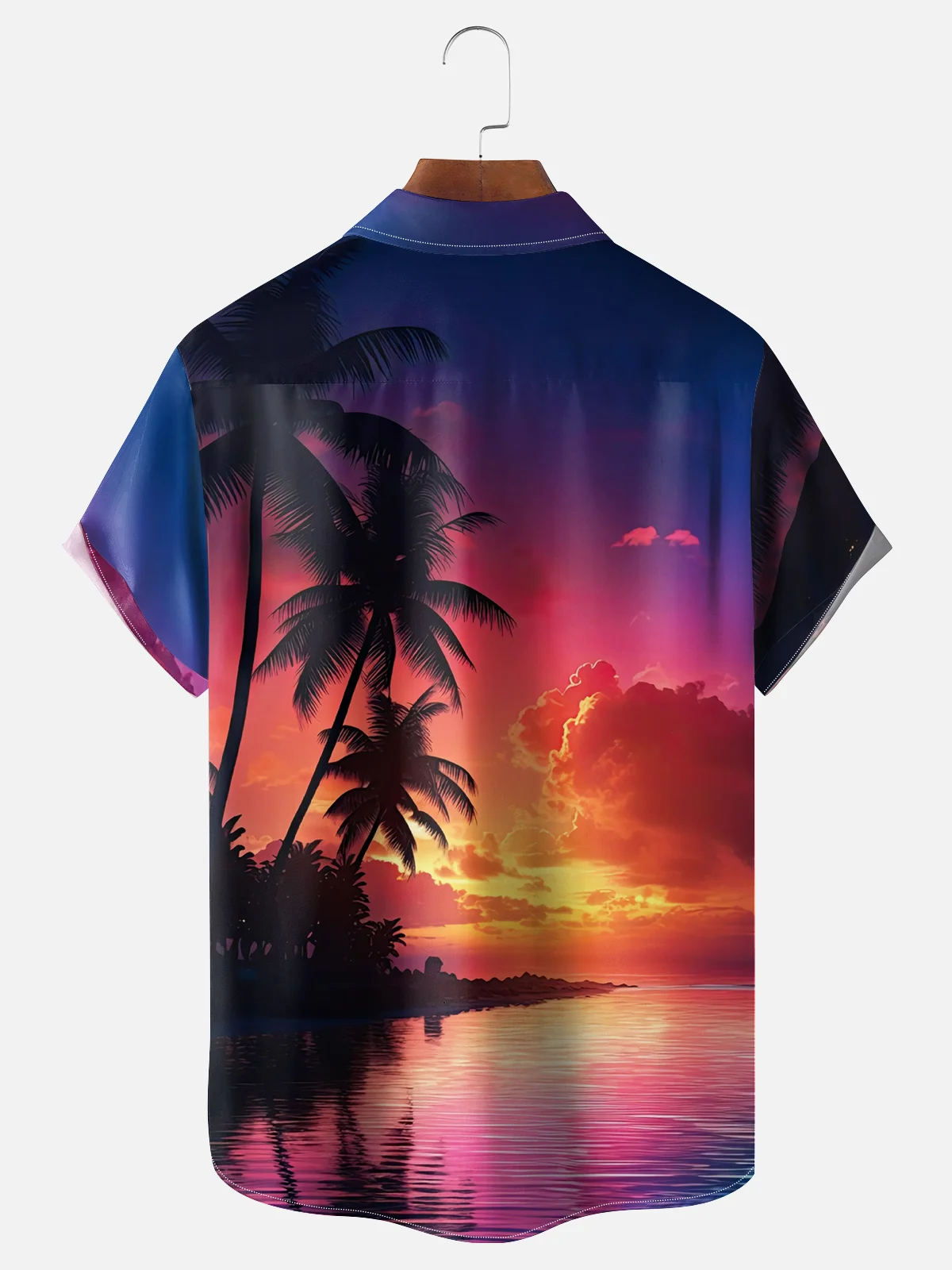 Moisture-wicking Sunset Island Coconut Tree Scenery Chest Pocket Hawaiian Shirt