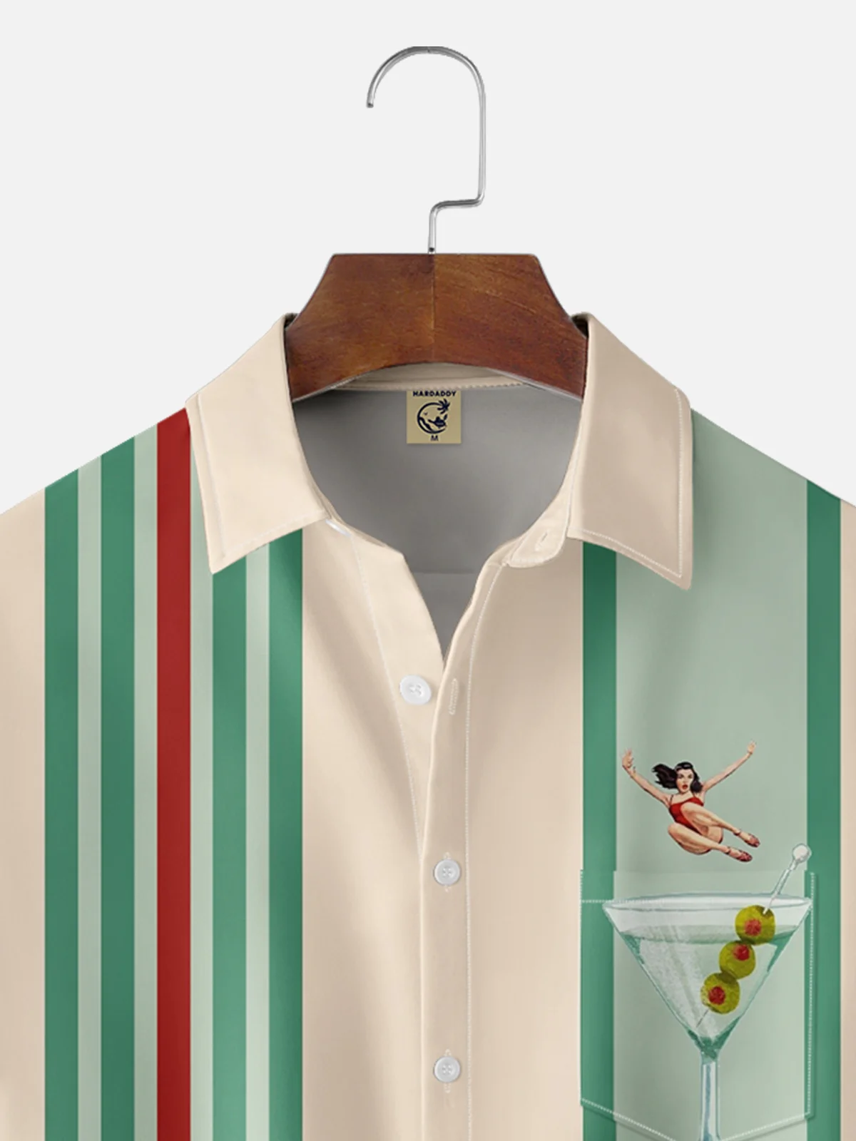 Moisture-wicking Vintage Girl Cocktail Chest Pocket Bowling Shirt