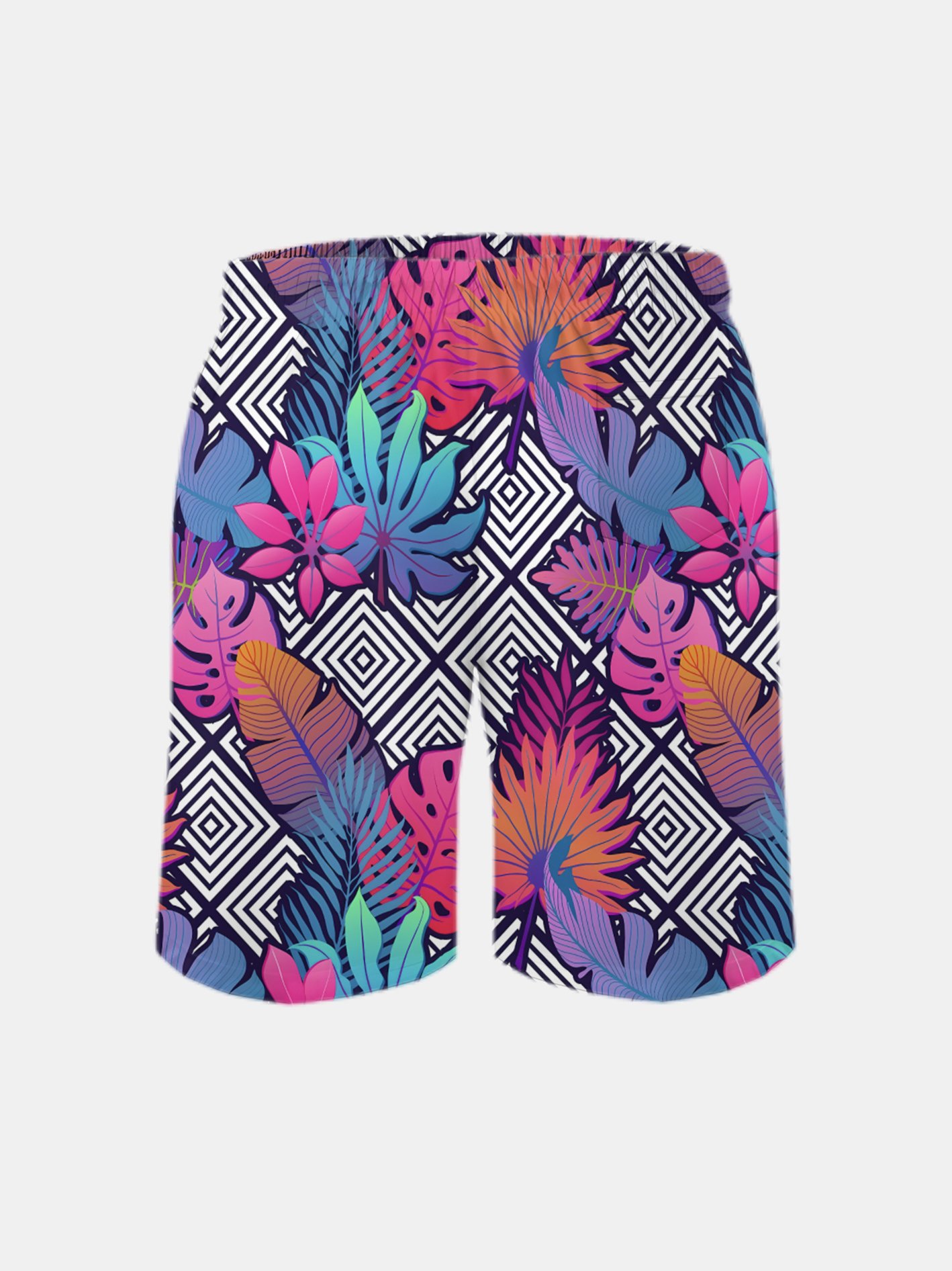 Men's Swim Trunks Hawaiian Tropical Palm Tree Geomatric Beach Shorts with Pockets
