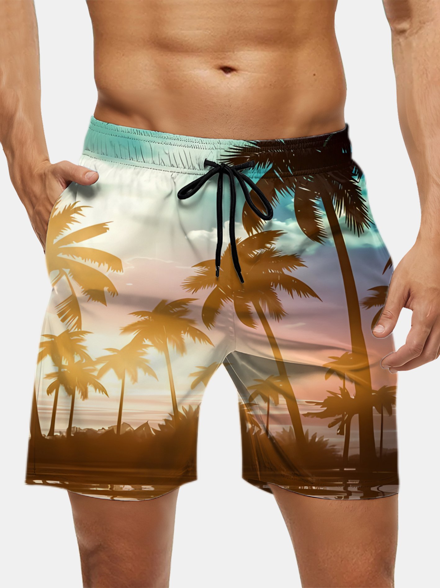 Men's Swim Trunks Hawaiian Tropical Palm Tree Beach Shorts with Pockets