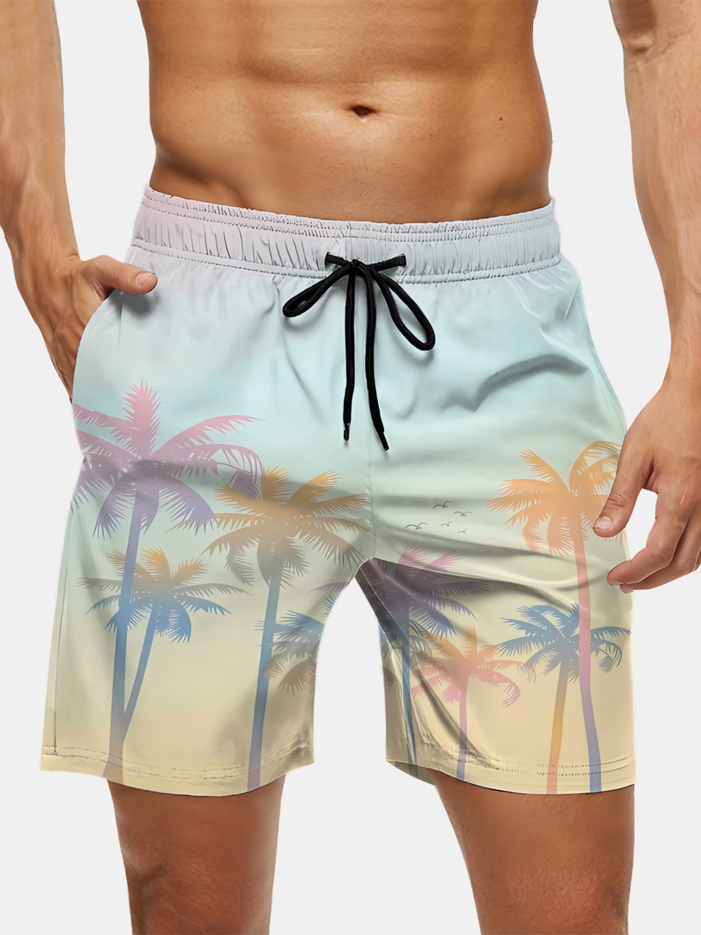 Men's Swim Trunks Hawaiian Tropical Palm Tree Beach Shorts with Pockets