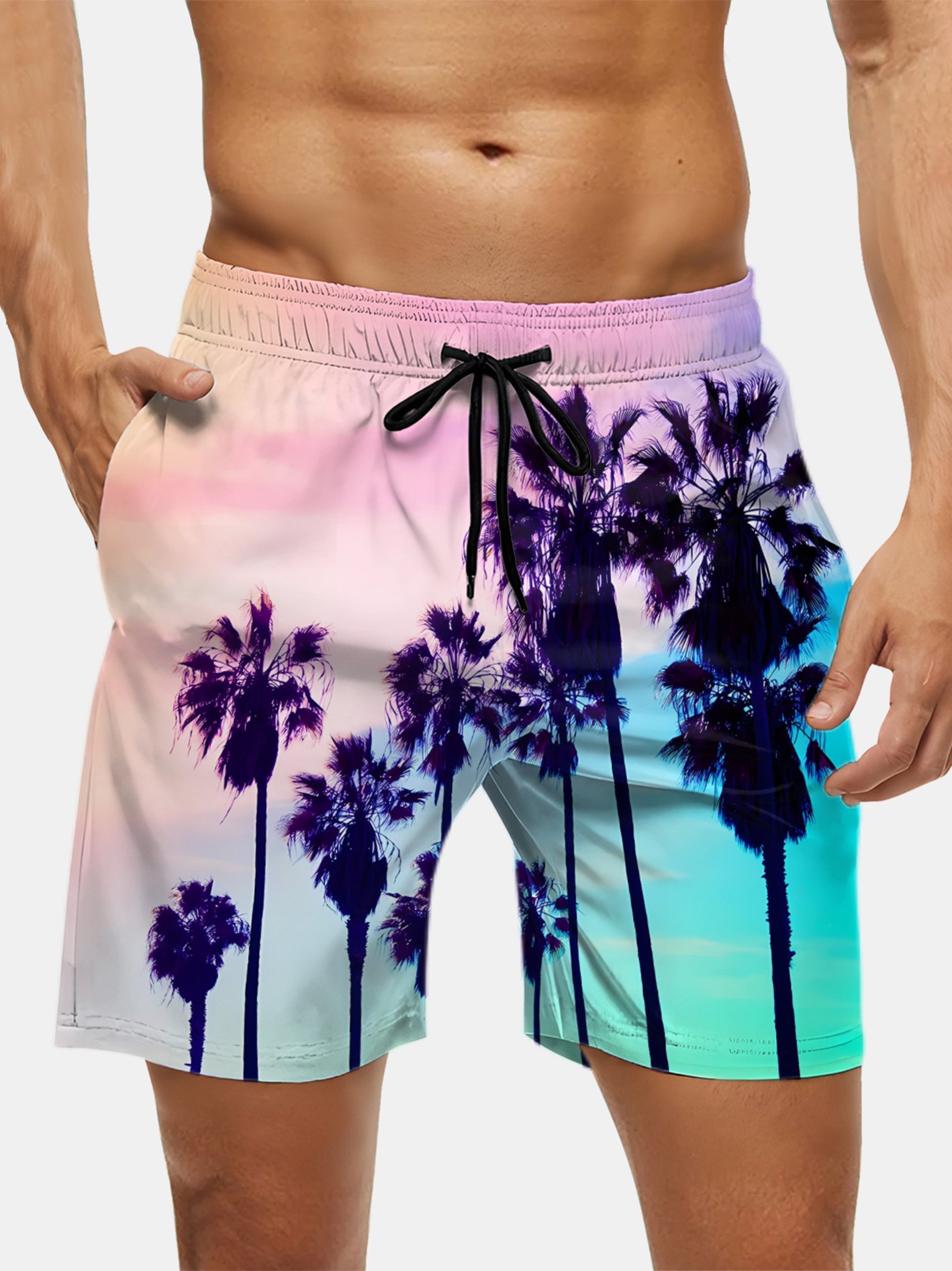 Men's Swim Trunks Hawaiian Tropical Palm Tree Beach Shorts with Pockets