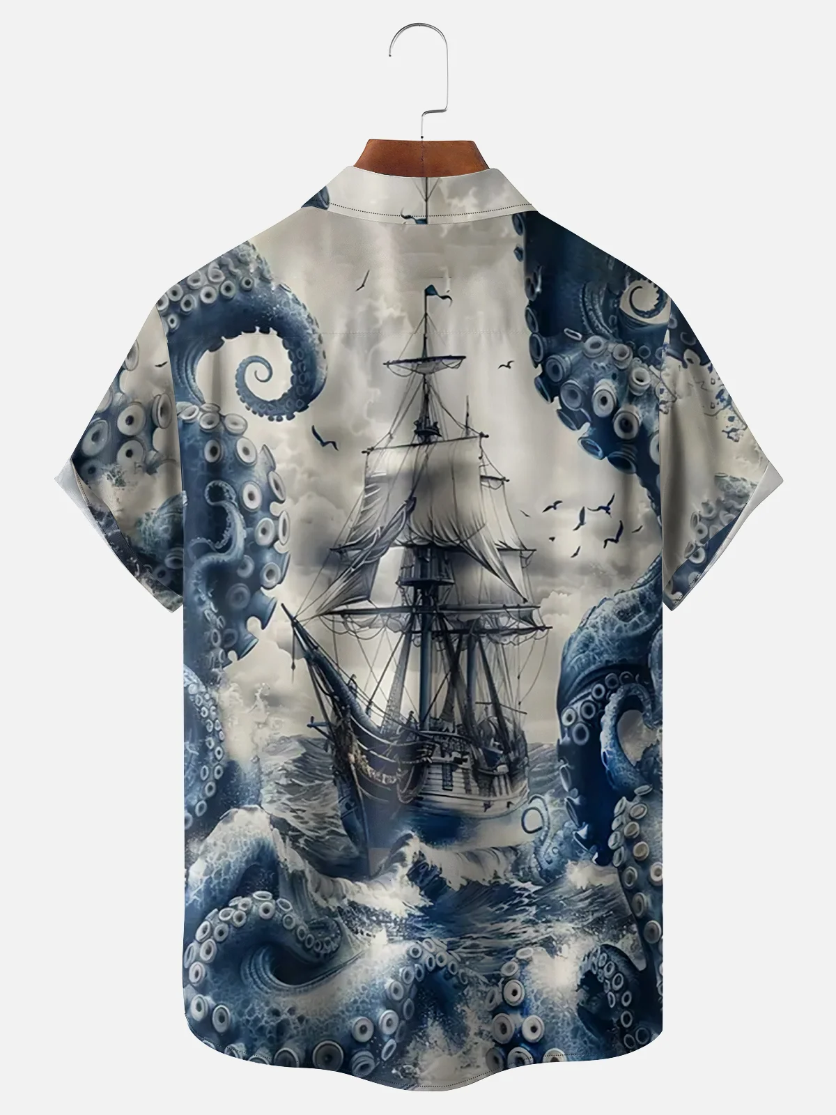 Moisture Wicking Octopus Pirate Ship Chest Pocket Hawaiian Shirt