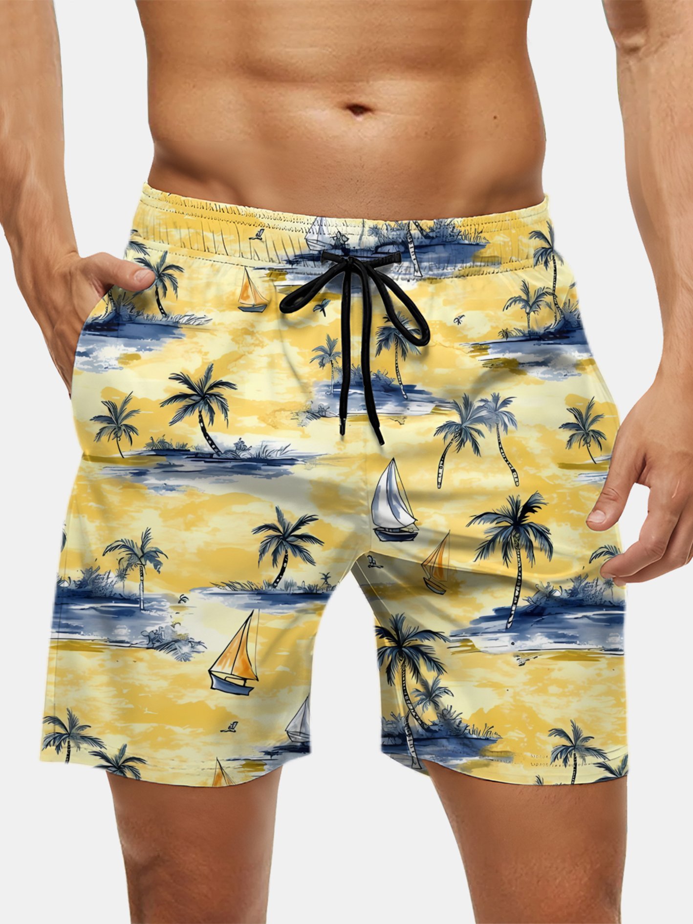 Men's Swim Trunks Hawaiian Tropical Palm Tree Beach Shorts with Pockets
