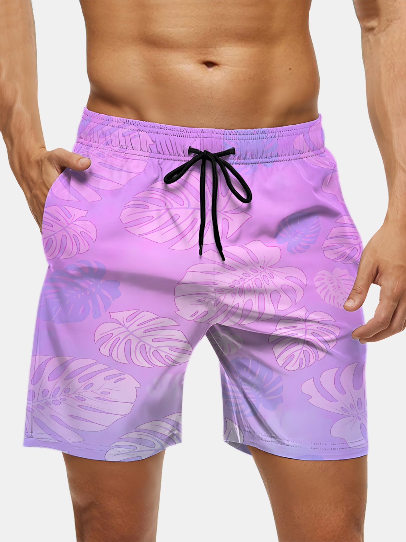 Men's Swim Trunks Hawaiian Tropical Monstera Deliciosa Leaf Beach Shorts with Pockets