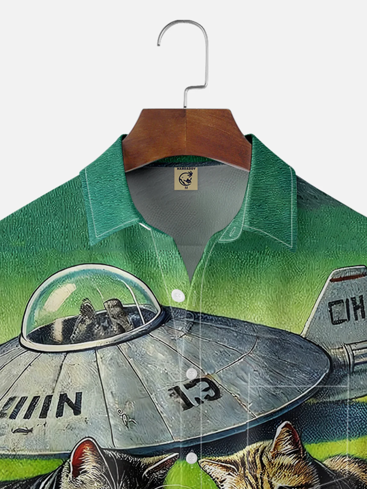 Moisture-wicking Cat and Alien UFO Fun Chest Pocket Hawaiian Shirt