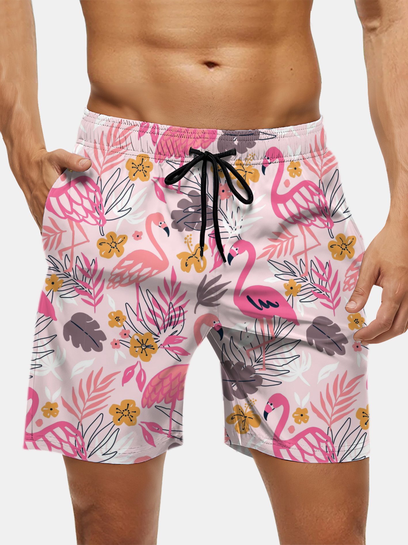 Men's Swim Trunks Hawaiian Tropical Flamingo Beach Shorts with Pockets