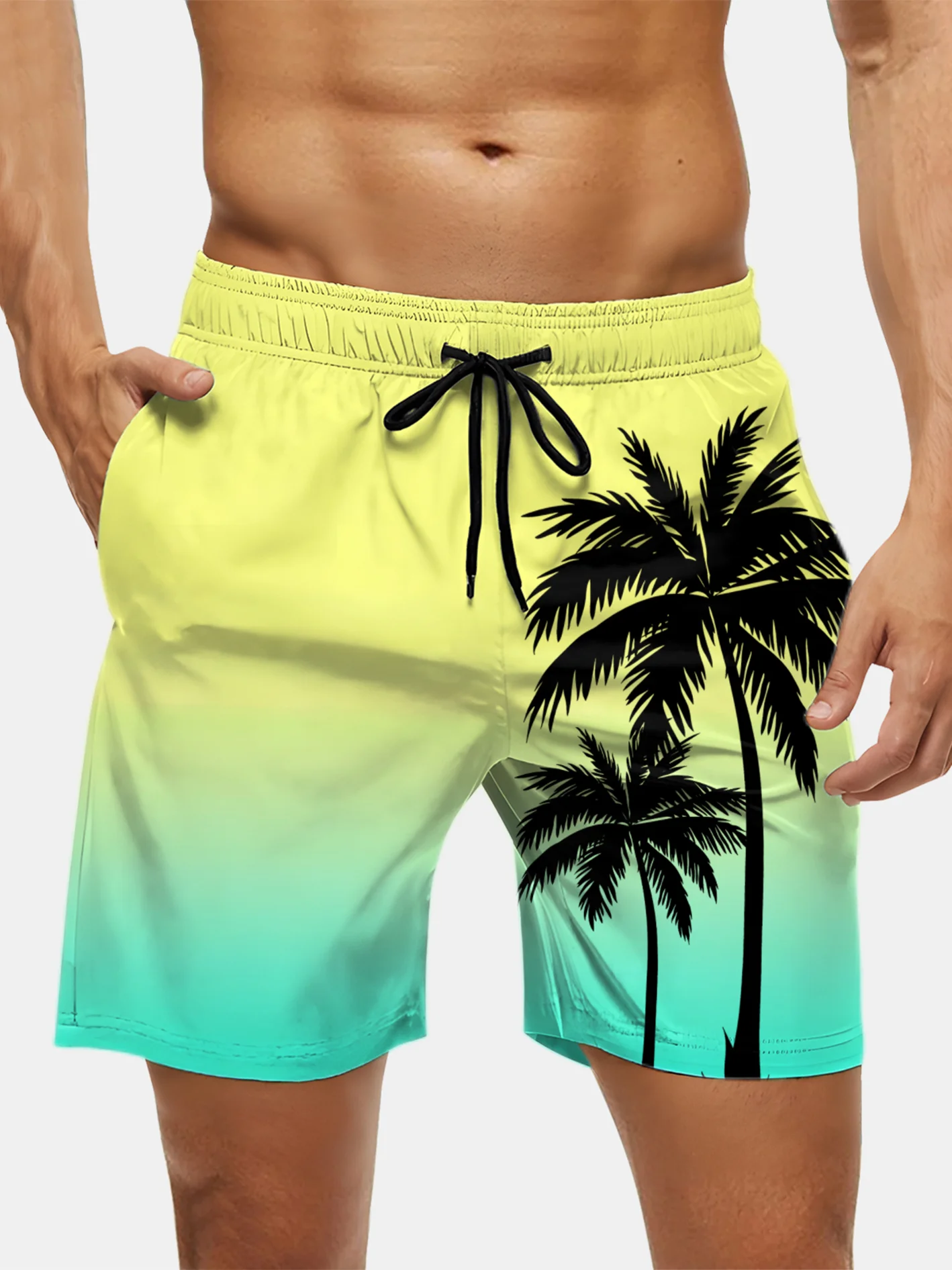 Men's Swim Trunks Hawaiian Tropical Palm Tree Beach Shorts with Pockets