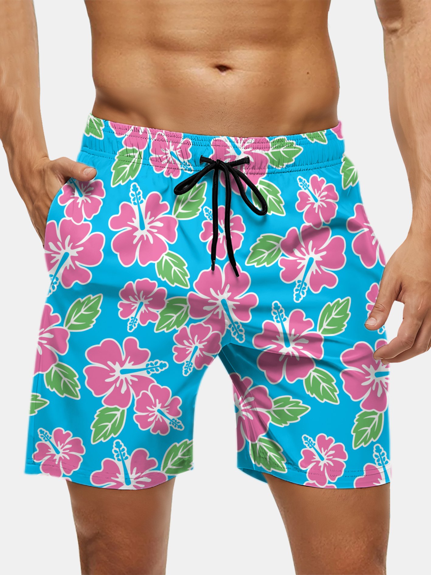 Men's Swim Trunks Hawaiian Tropical Hibiscus Flower Beach Shorts with Pockets