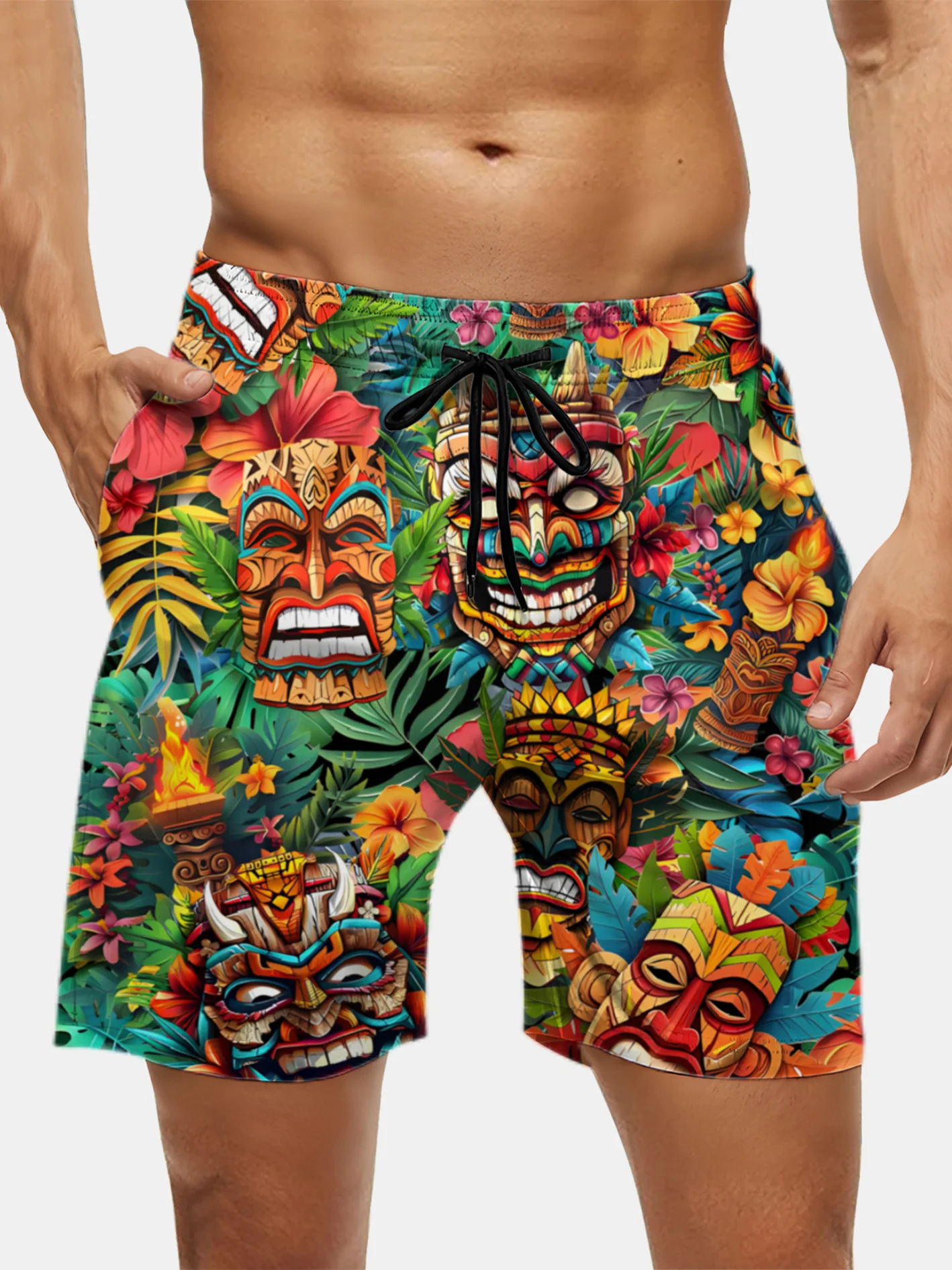 Men's Swim Trunks Hawaiian Tropical Tiki Beach Shorts with Pockets