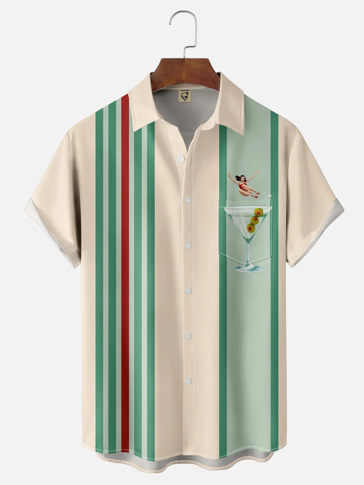 Moisture-wicking Vintage Girl Cocktail Chest Pocket Bowling Shirt