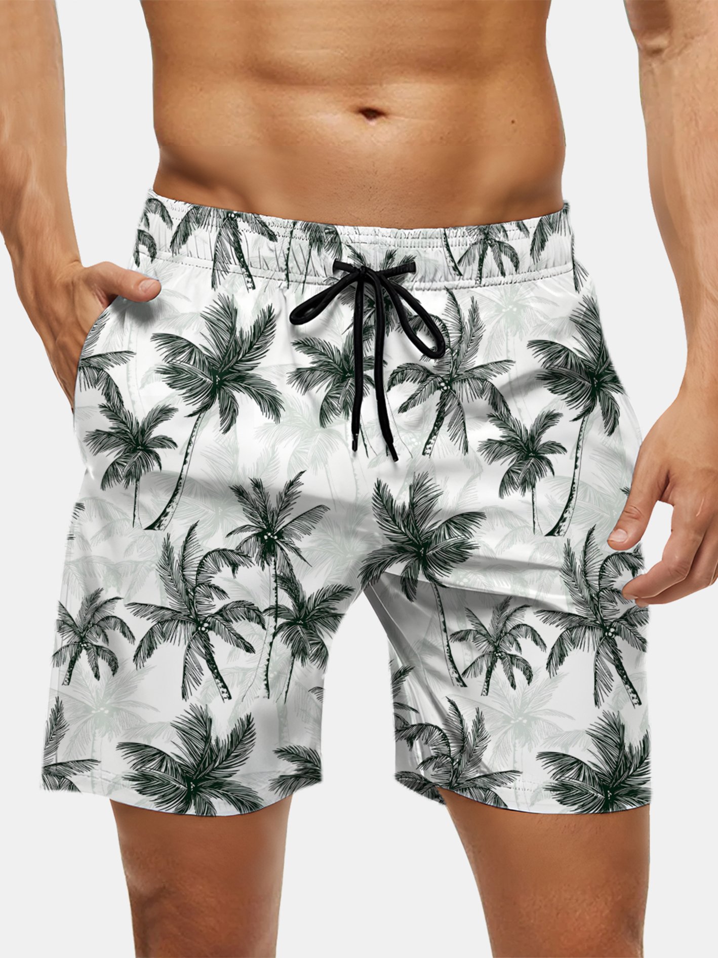 Men's Swim Trunks Hawaiian Tropical Palm Tree Beach Shorts with Pockets