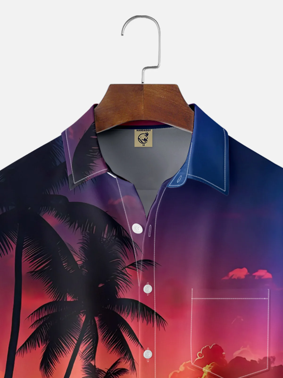 Moisture-wicking Sunset Island Coconut Tree Scenery Chest Pocket Hawaiian Shirt