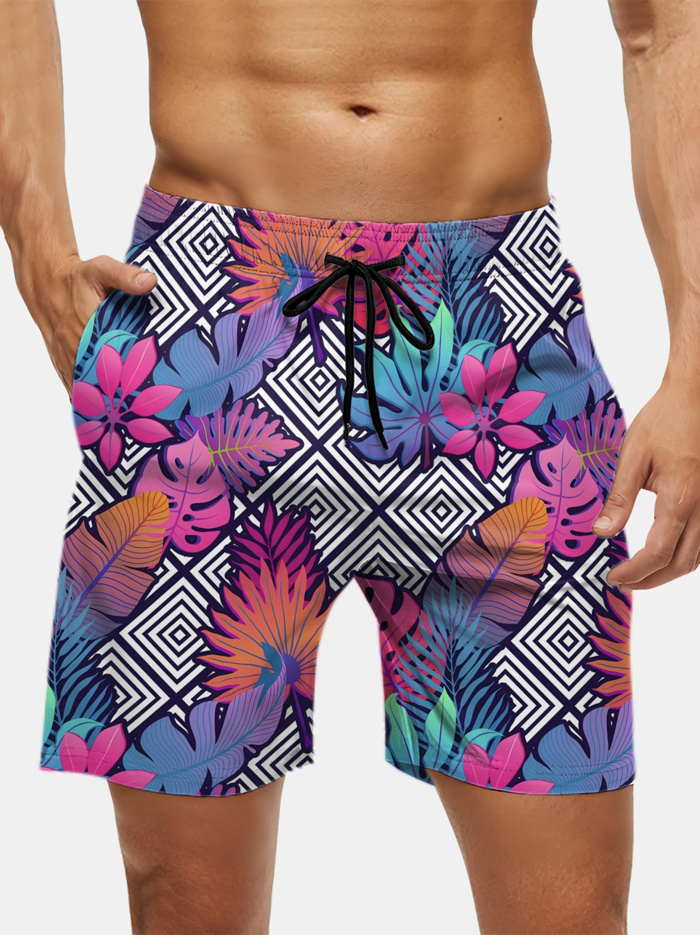 Men's Swim Trunks Hawaiian Tropical Palm Tree Geomatric Beach Shorts with Pockets