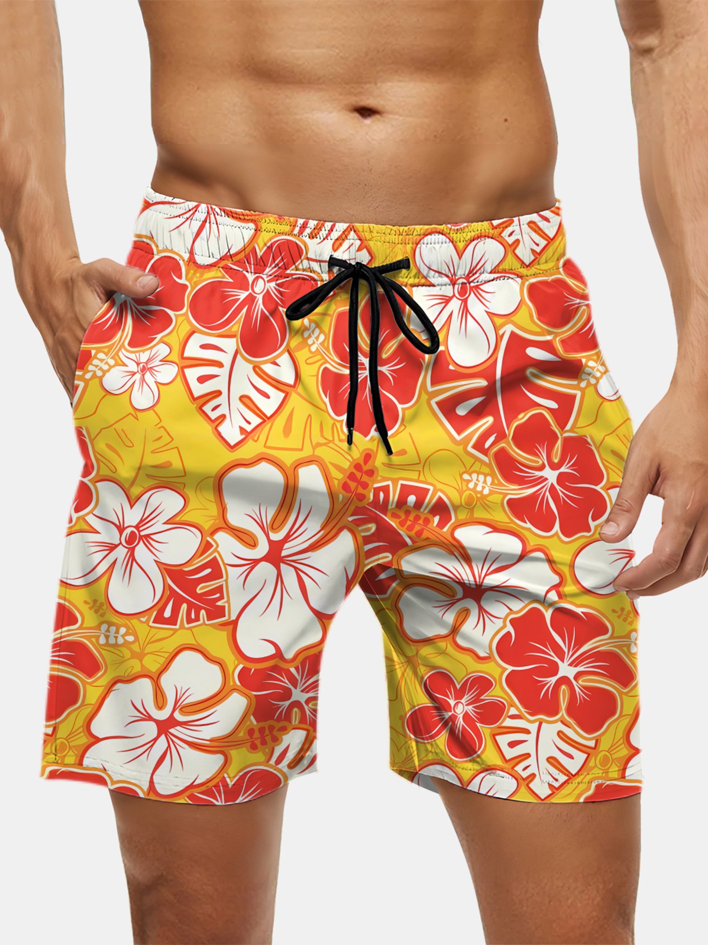 Men's Swim Trunks Hawaiian Tropical Floral Beach Shorts with Pockets