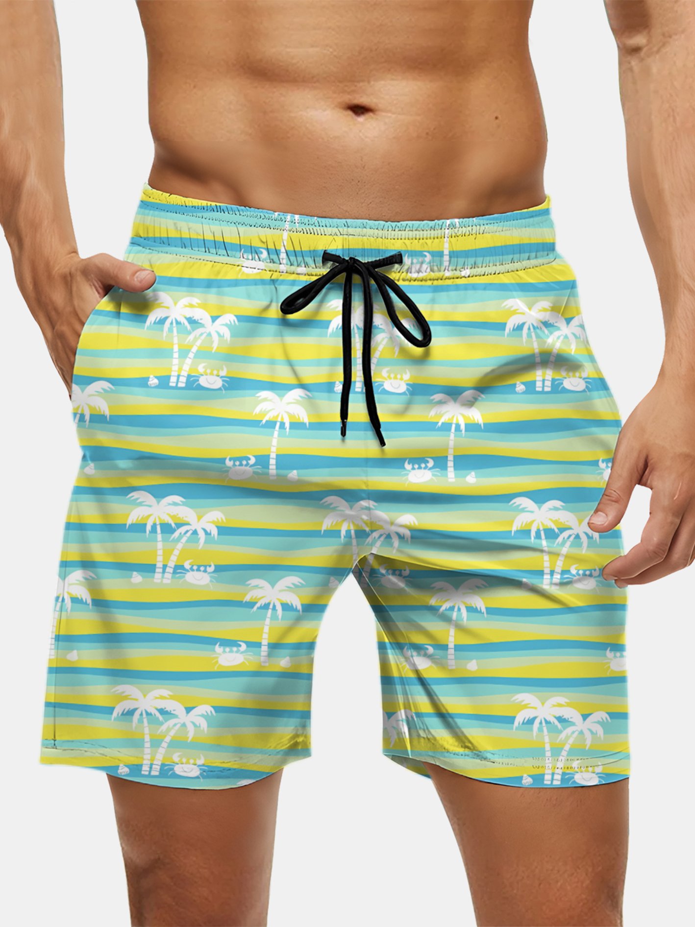 Men's Swim Trunks Hawaiian Tropical Palm Tree Beach Shorts with Pockets