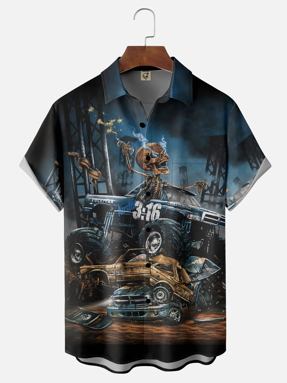 Moisture Wicking Retro Monster Car Chest Pocket Hawaiian Shirt