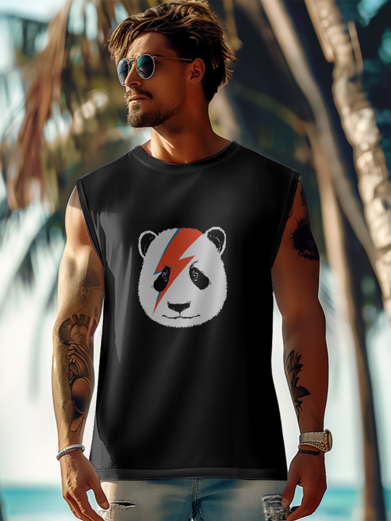 Hardaddy X Artist Contatoeoli Studio Mens Crewneck Tank Tops Lightning Panda Beach Sleeveless Shirt