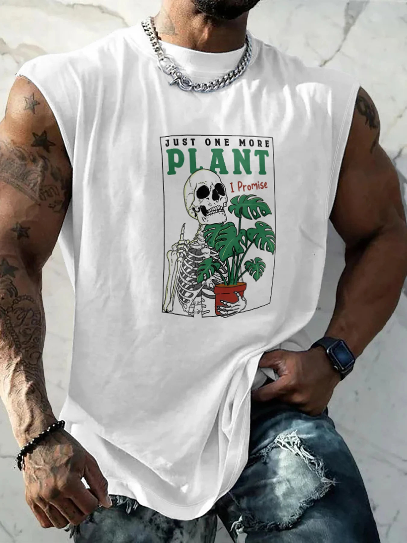 Hardaddy X Artist Kimprut Imut Mens Crewneck Tank Tops Skeleton Monstera Beach Sleeveless Shirt