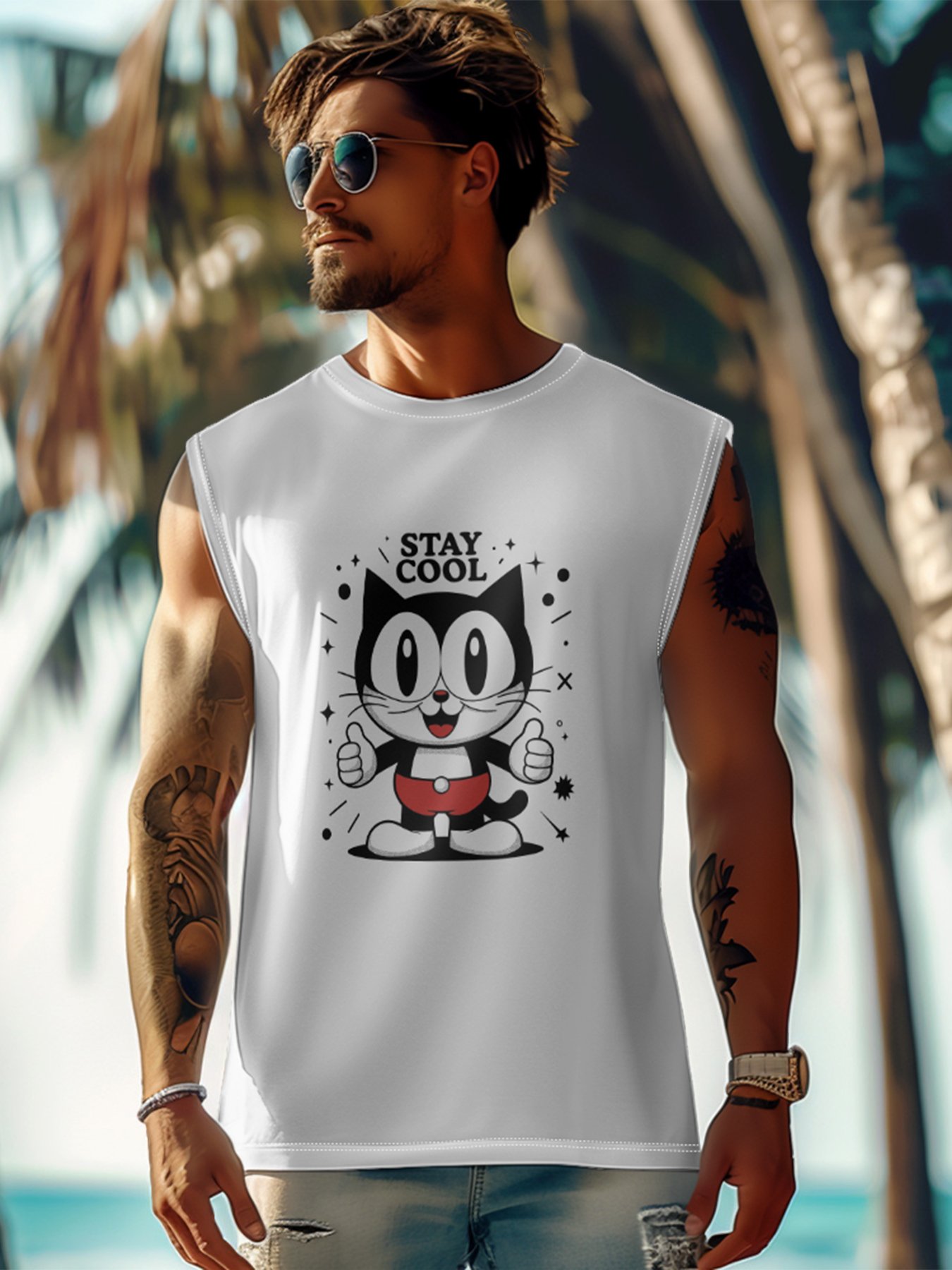 Hardaddy X Artist Contatoeoli Studio Mens Crewneck Tank Tops Stay Cool Cat Beach Sleeveless Shirt