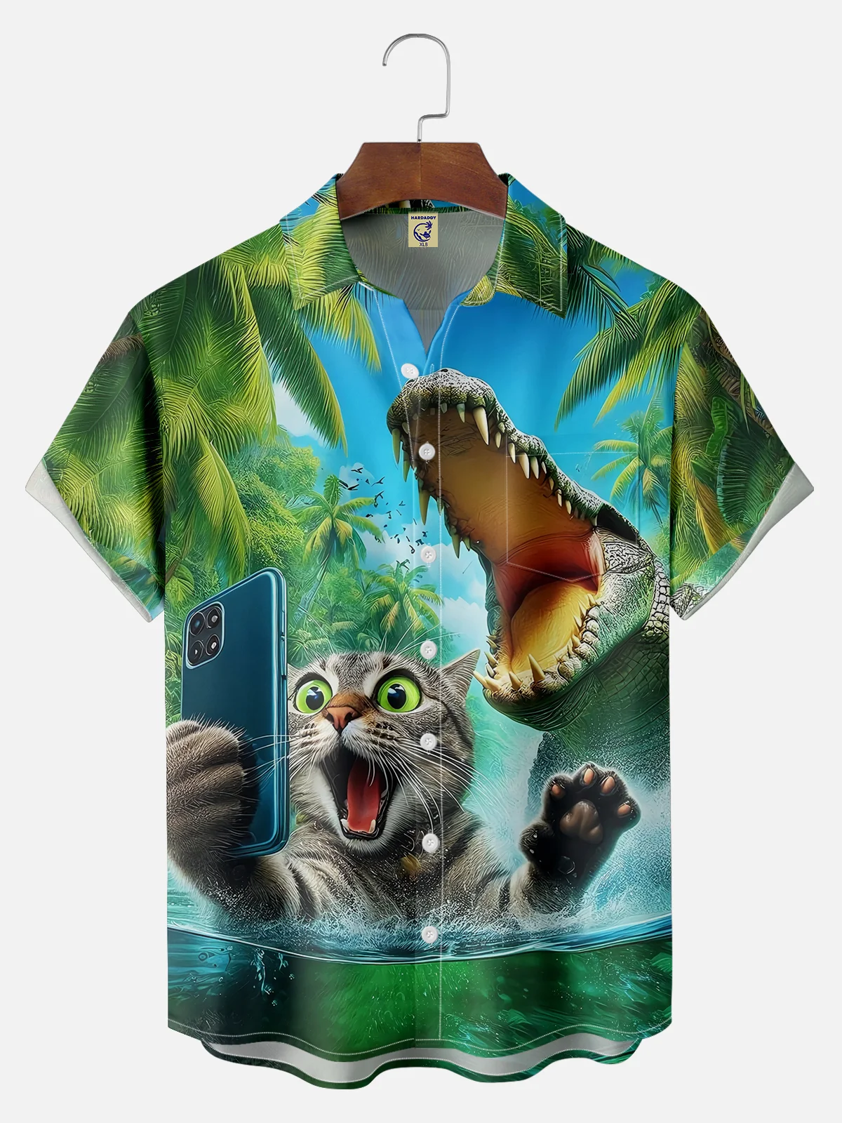 Big Size Moisture-wicking Cat Alligator Selfie Chest Pocket Hawaiian Shirt