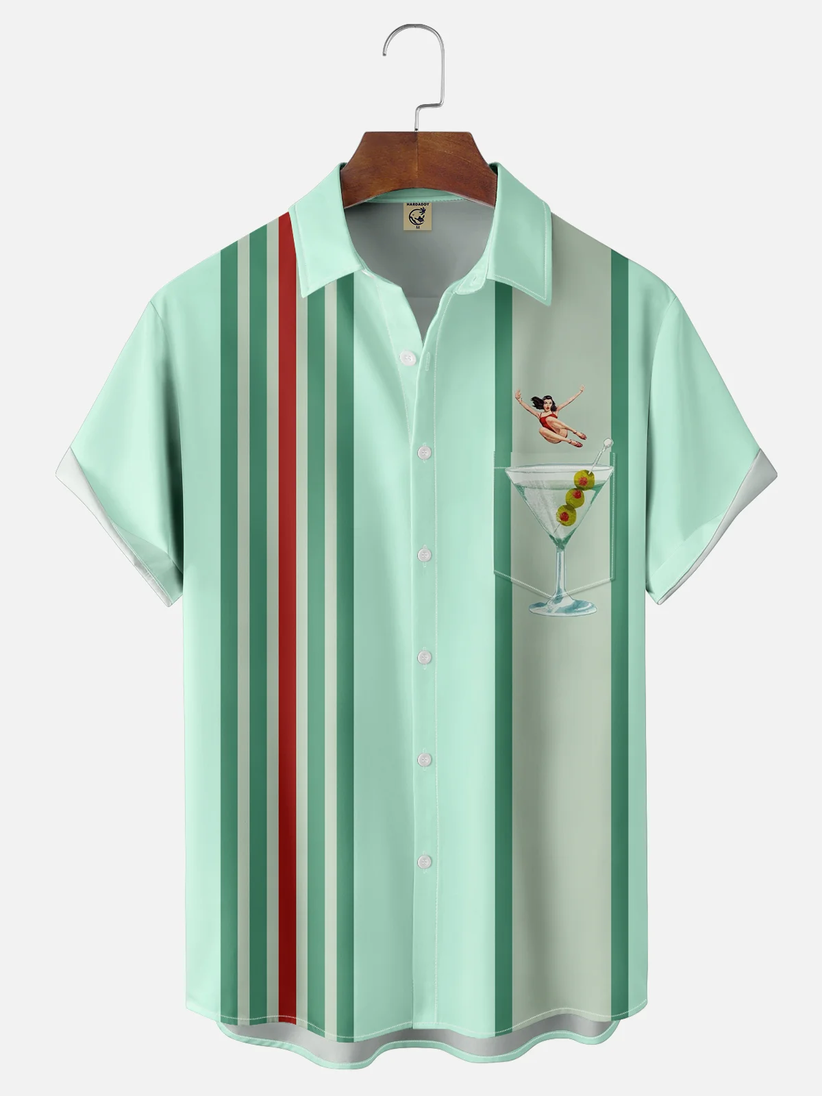 Moisture-wicking Vintage Girl Cocktail Chest Pocket Bowling Shirt