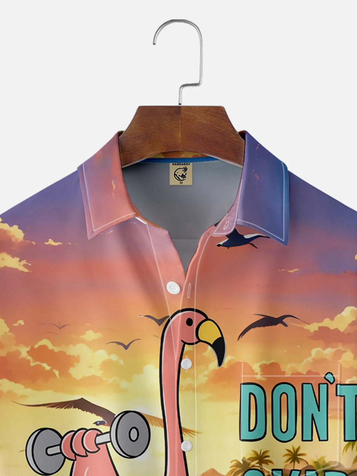 Hardaddy x Coffee Man Moisture Wicking Flamingo Tropical Beach Coconut Tree Chest Pocket Hawaiian Shirt