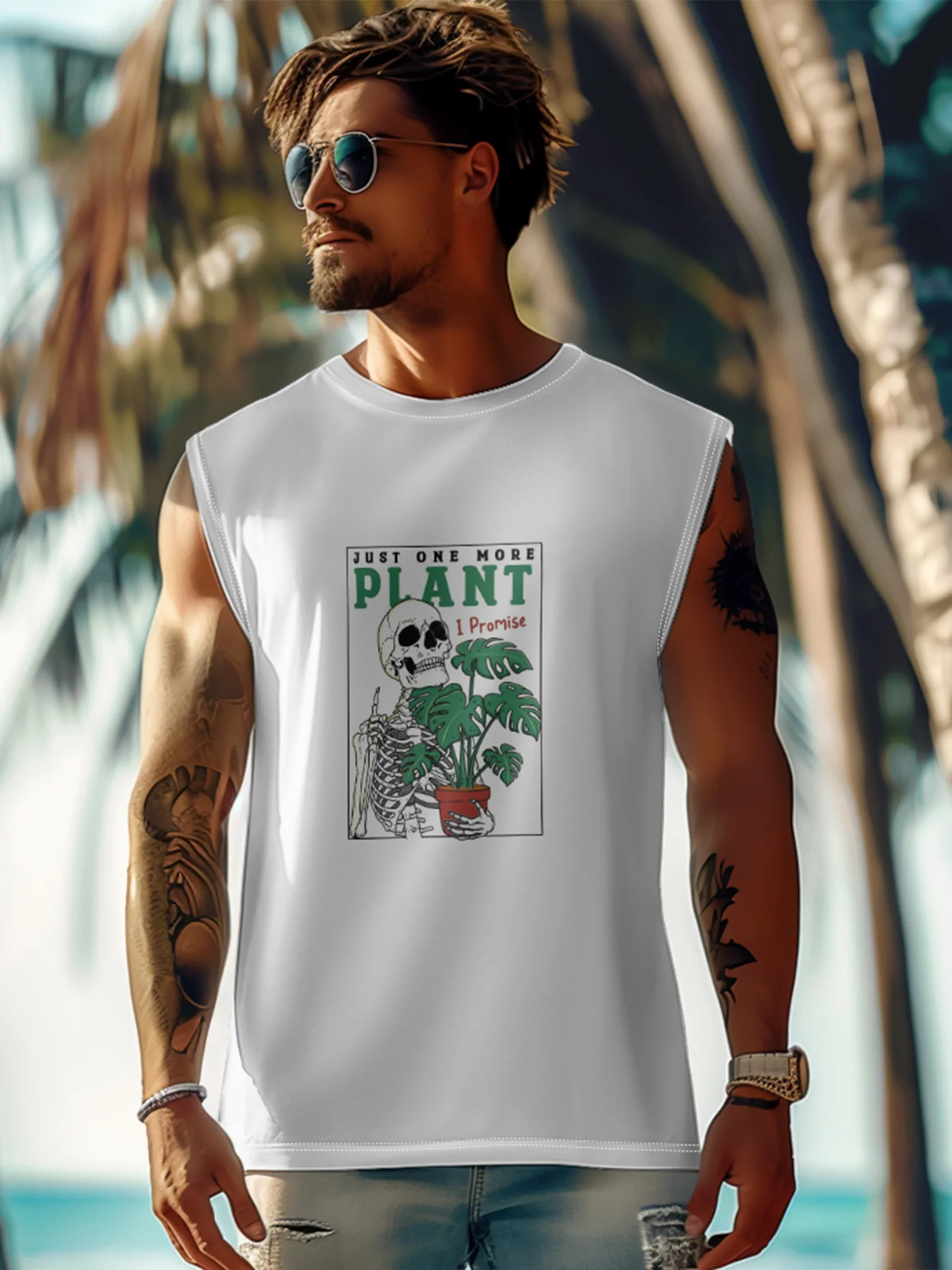 Hardaddy X Artist Kimprut Imut Mens Crewneck Tank Tops Skeleton Monstera Beach Sleeveless Shirt
