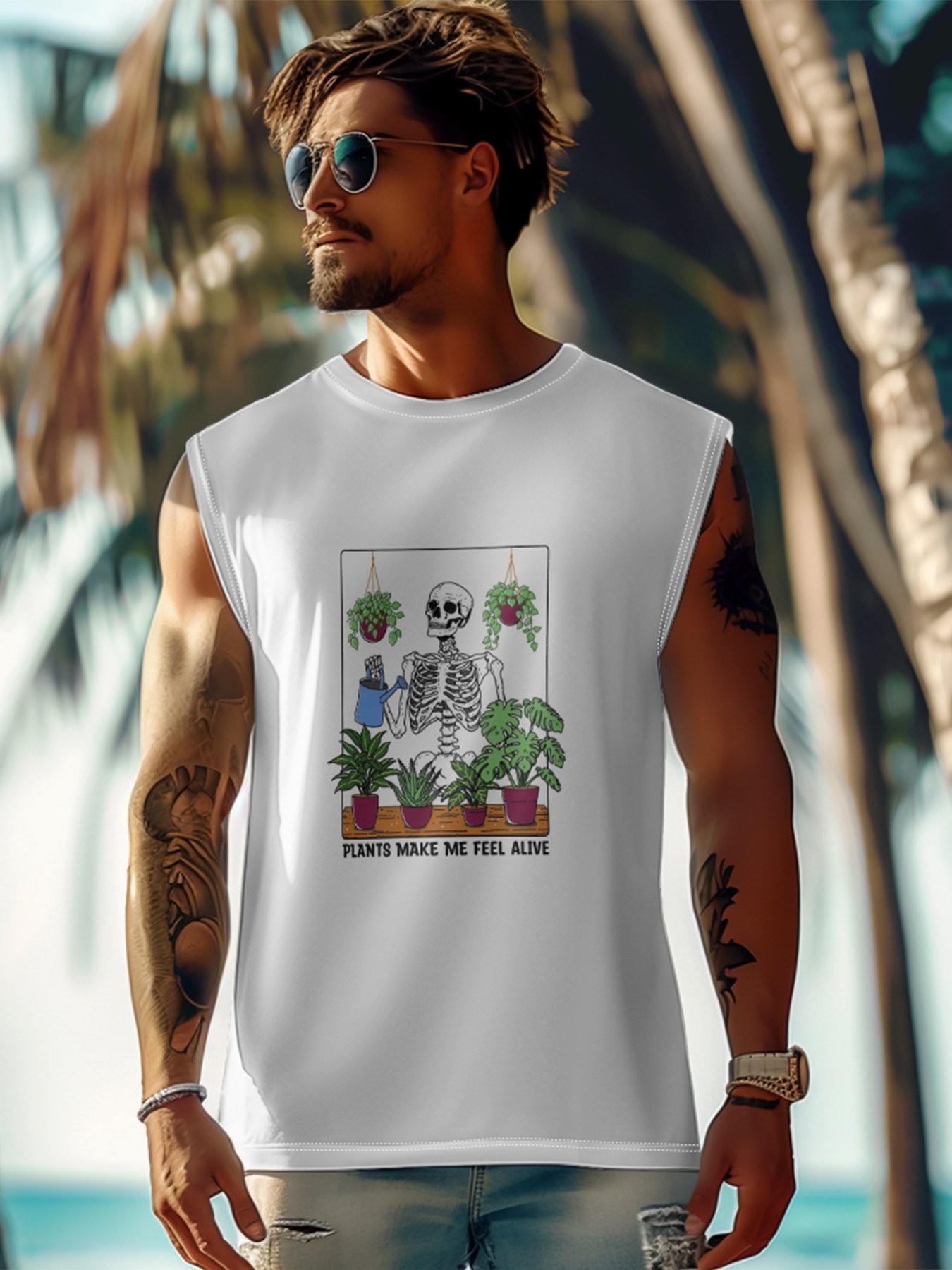 Hardaddy X Artist Kimprut Imut Mens Crewneck Tank Tops Skeleton Plants Beach Sleeveless Shirt
