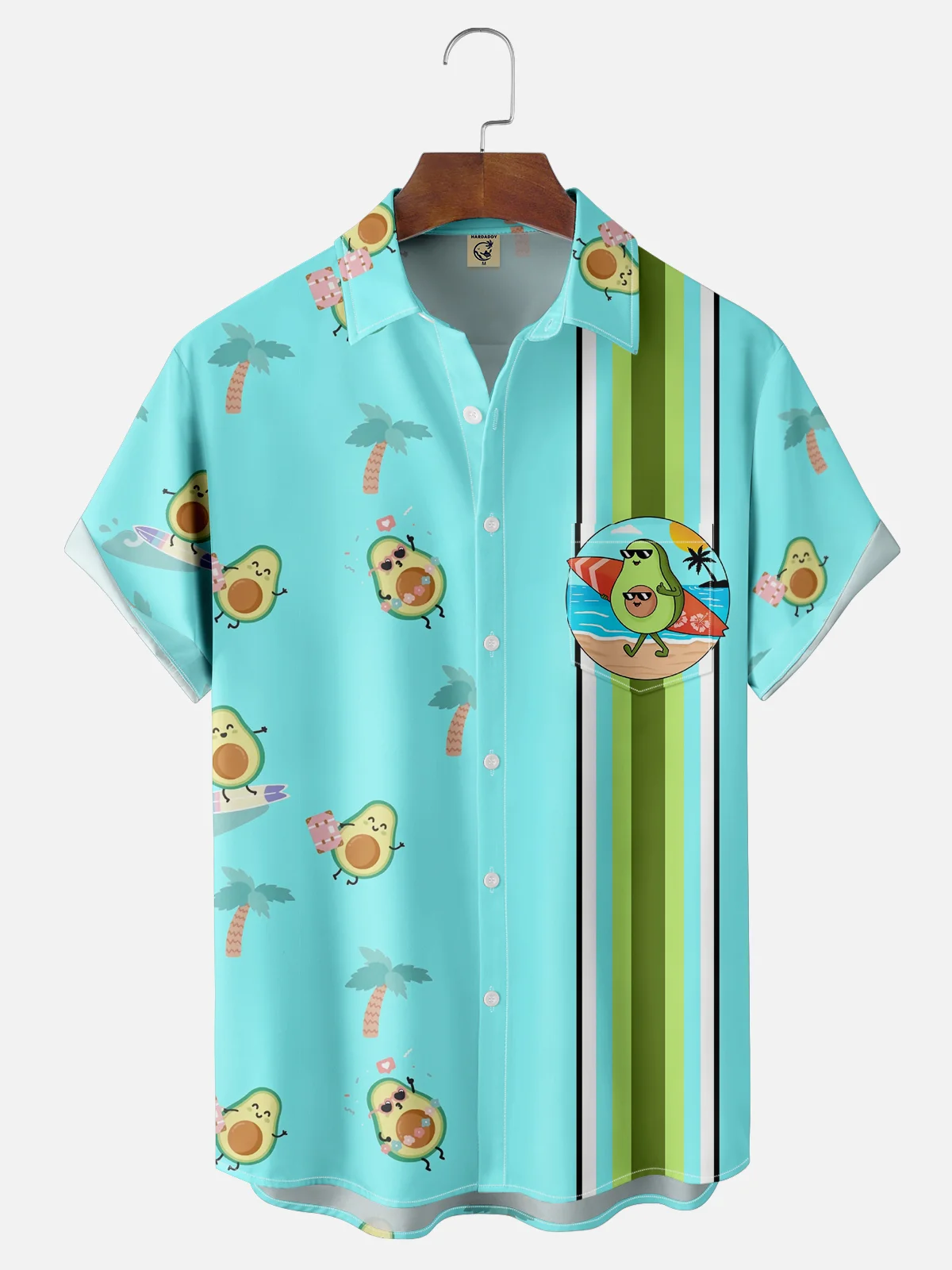 Hardaddy x Coffee Man Moisture Wicking Avocado Surfing Coconut Tree Chest Pocket Bowling Shirt