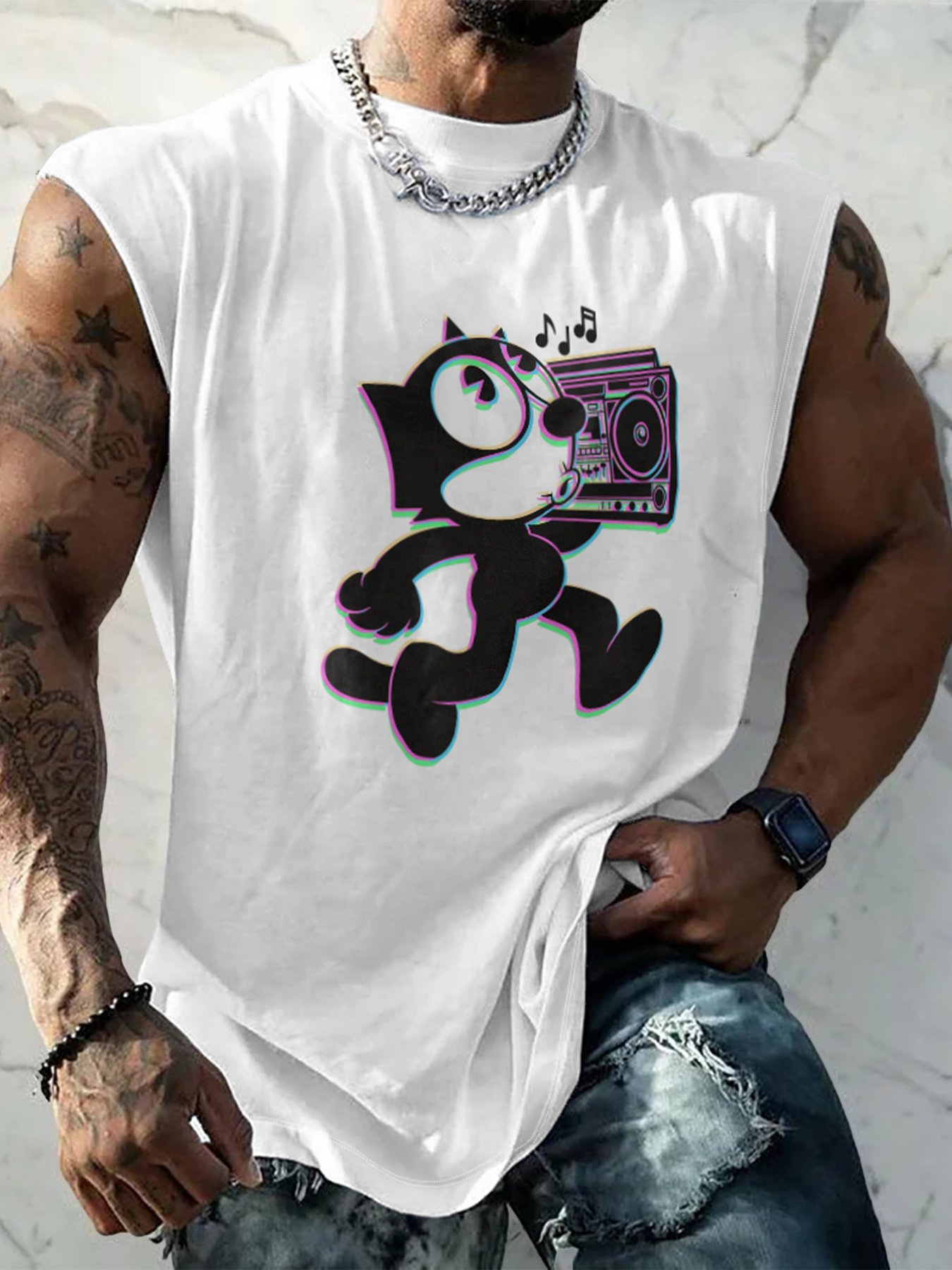 Hardaddy X Artist Contatoeoli Studio Mens Crewneck Tank Tops Pop Music Cat Beach Sleeveless Shirt