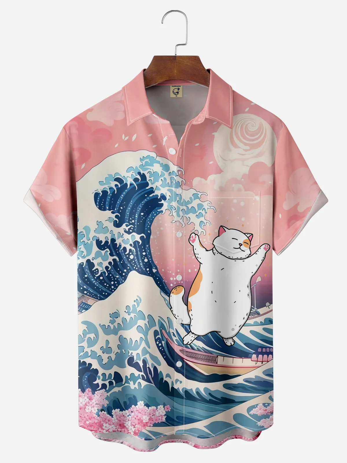 Hardaddy X Artist Kimprut Imut Japanese Ukiyo-e Wave Cat Chest Pocket Hawaiian Shirt