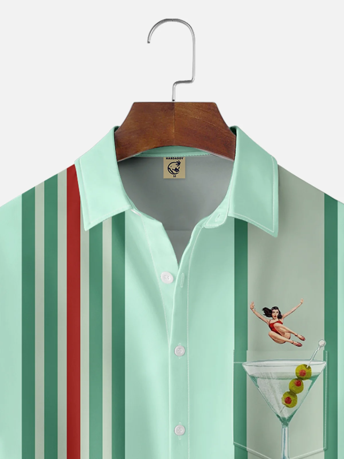 Moisture-wicking Vintage Girl Cocktail Chest Pocket Bowling Shirt