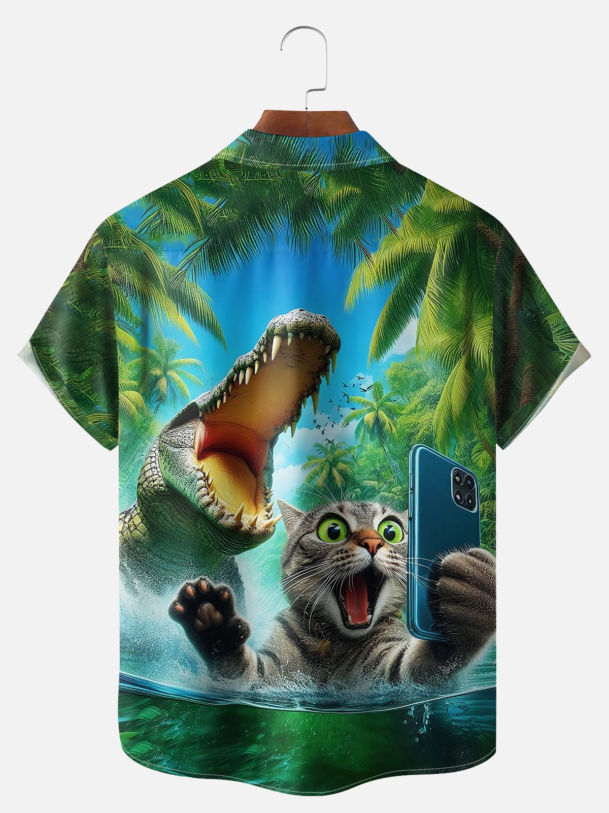 Big Size Moisture-wicking Cat Alligator Selfie Chest Pocket Hawaiian Shirt