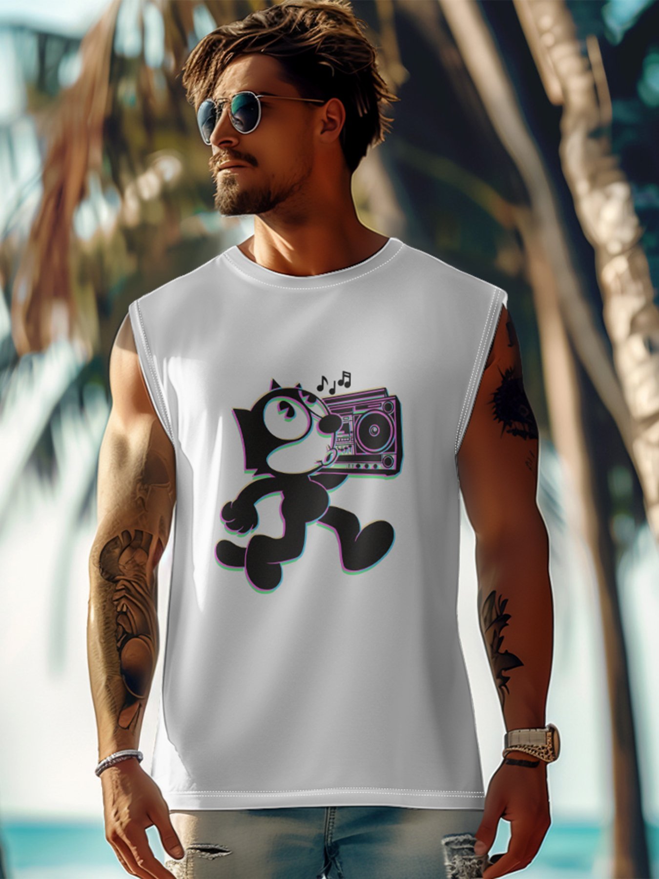 Hardaddy X Artist Contatoeoli Studio Mens Crewneck Tank Tops Pop Music Cat Beach Sleeveless Shirt