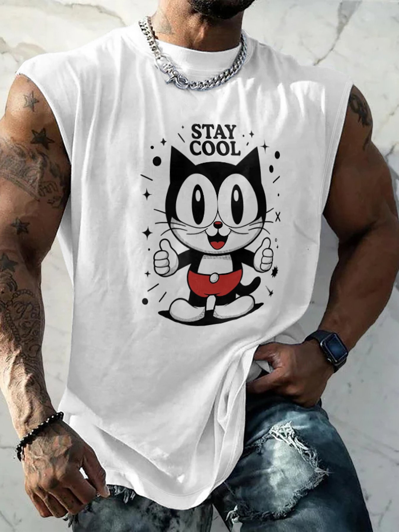 Hardaddy X Artist Contatoeoli Studio Mens Crewneck Tank Tops Stay Cool Cat Beach Sleeveless Shirt