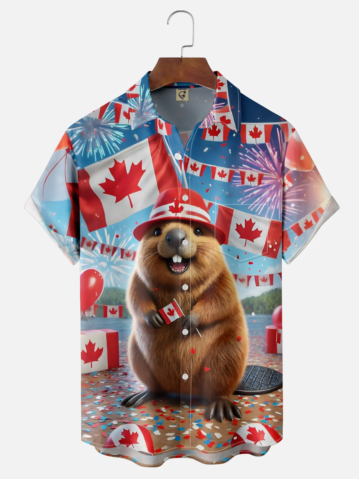 Moisture Wicking Canada Day Groundhog Maple Leaf Chest Pocket Hawaiian Shirt