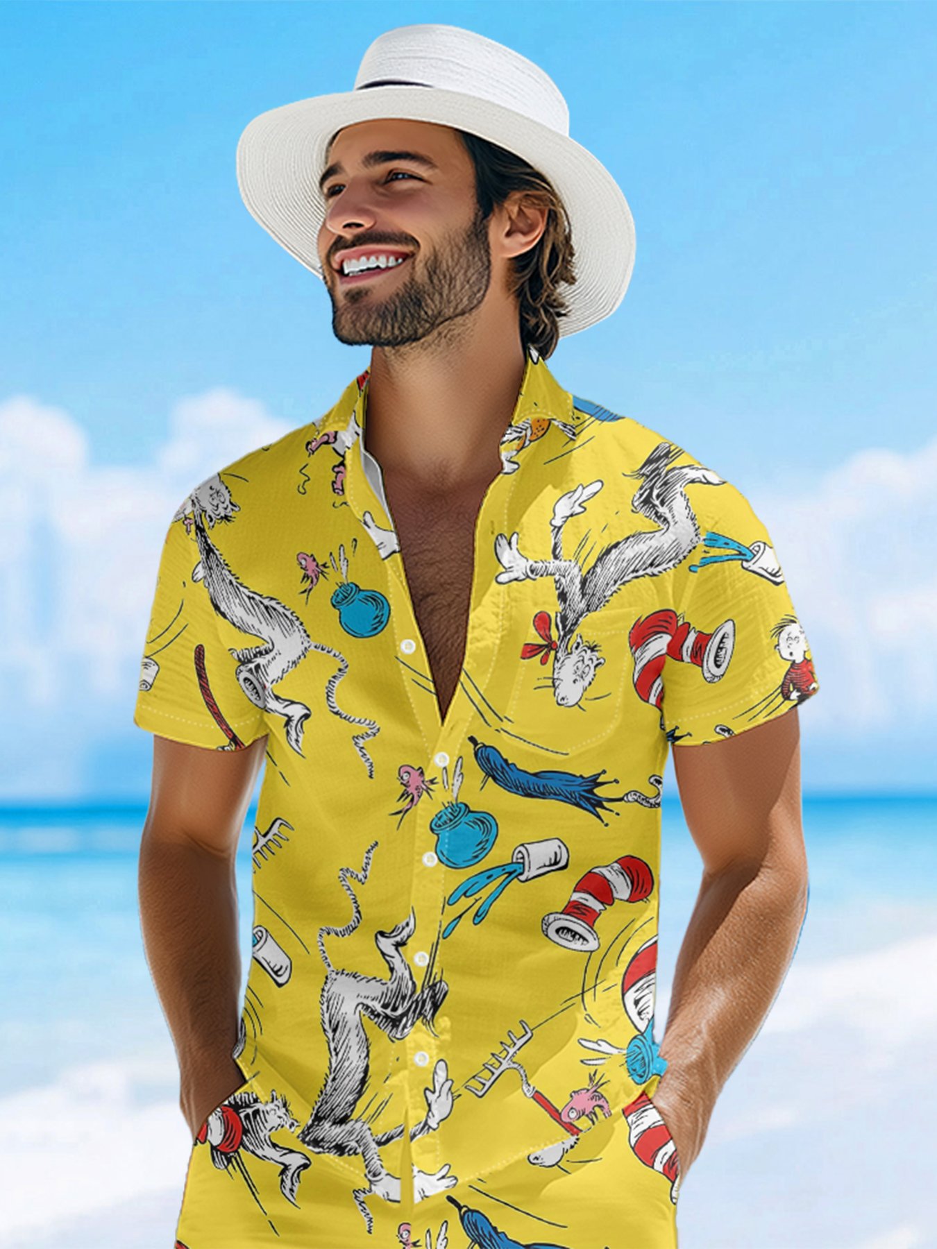 Moisture-wicking Vintage Classic Seuss Art Dr. Chest Pocket Casual Shirt