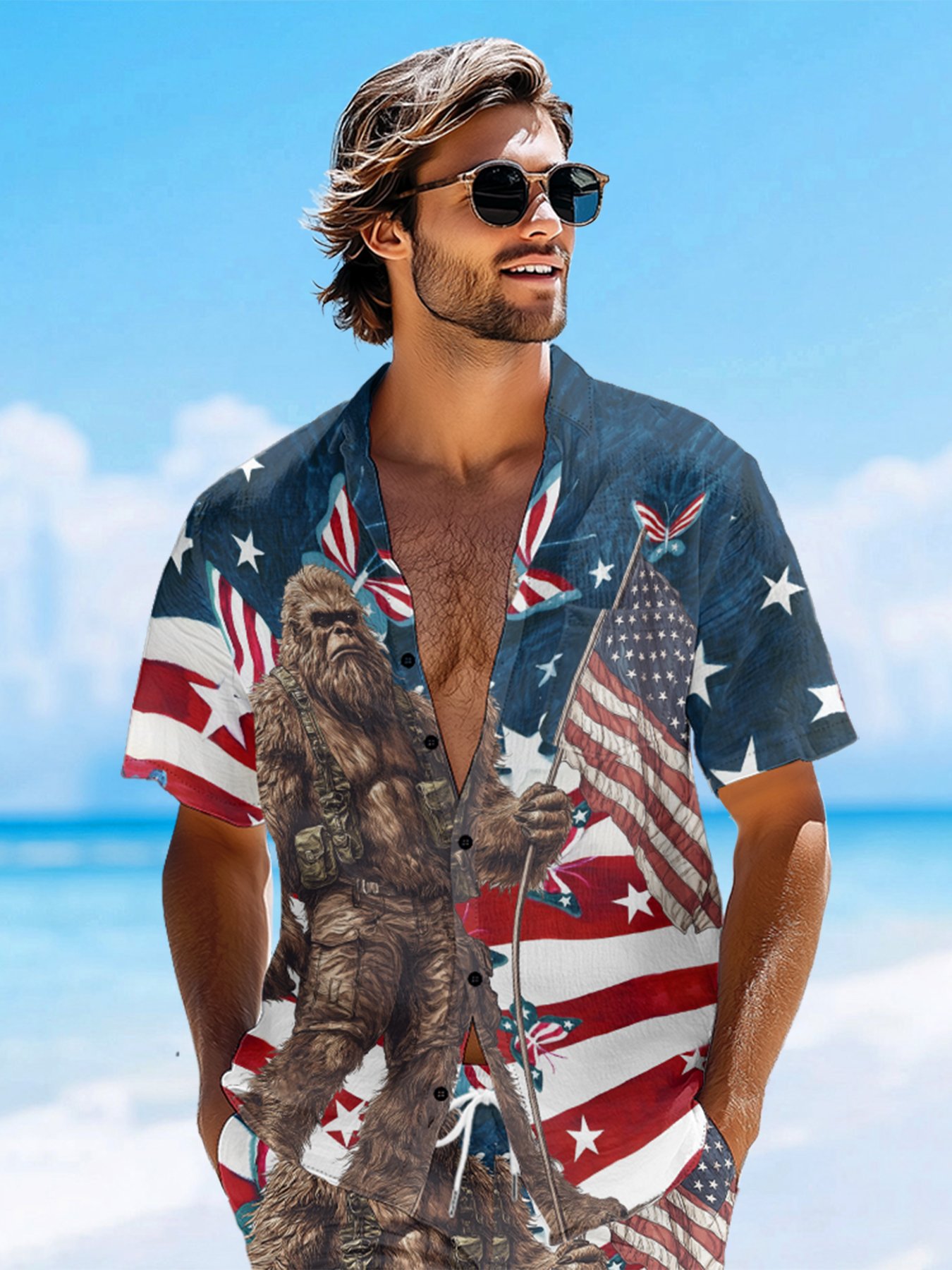 Moisture-wicking American Flag Pride Bigfoot Chest Pocket Casual Shirt