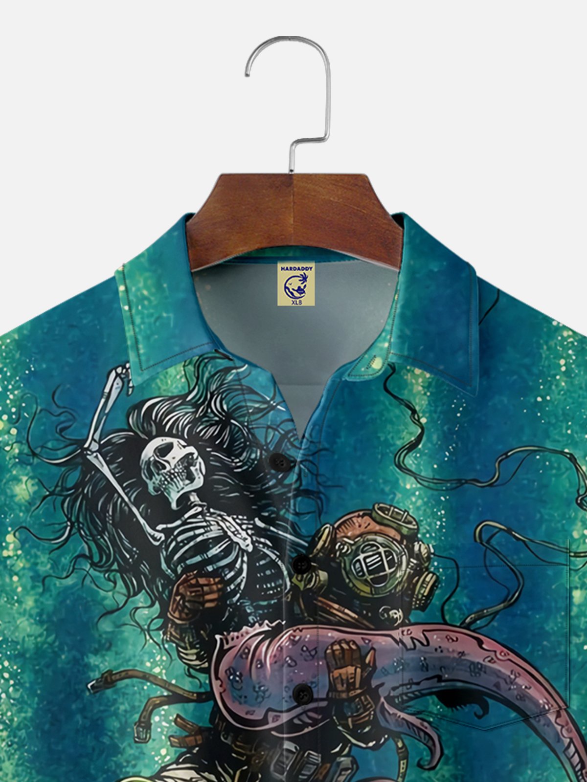 Hardaddy X Artist David Lozeau Big Size Moisture Wicking Skull Ocean Animal Illustration Chest Pocket Hawaiian Shirt