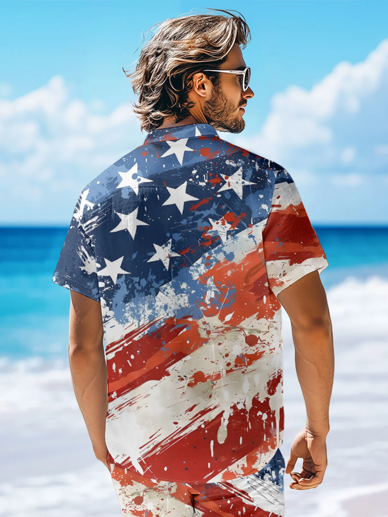 Moisture-wicking American Flag Oil Painting Ink Art Chest Pocket Casual Shirt