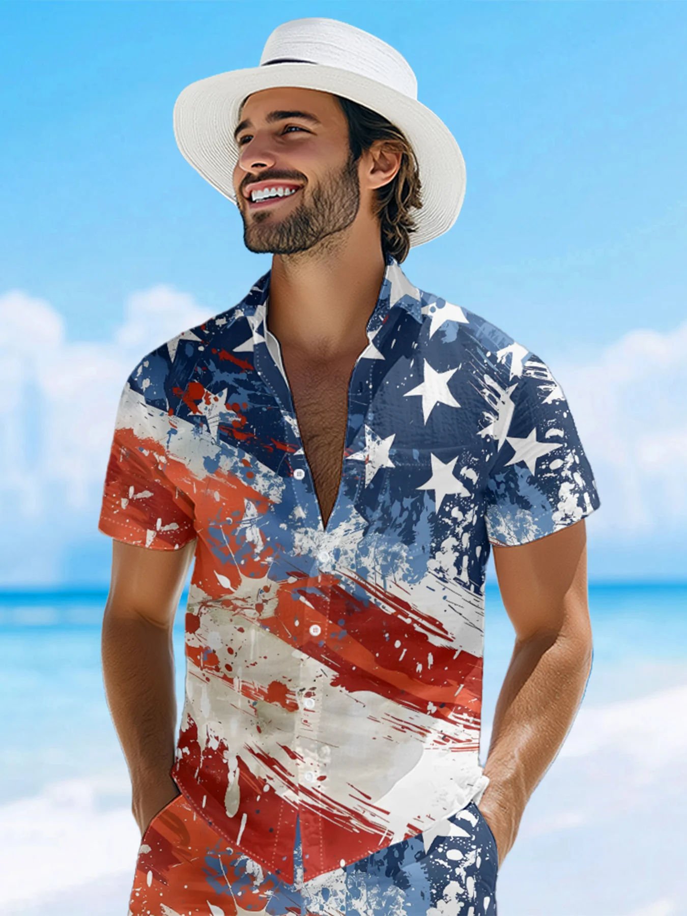 Moisture-wicking American Flag Oil Painting Ink Art Chest Pocket Casual Shirt