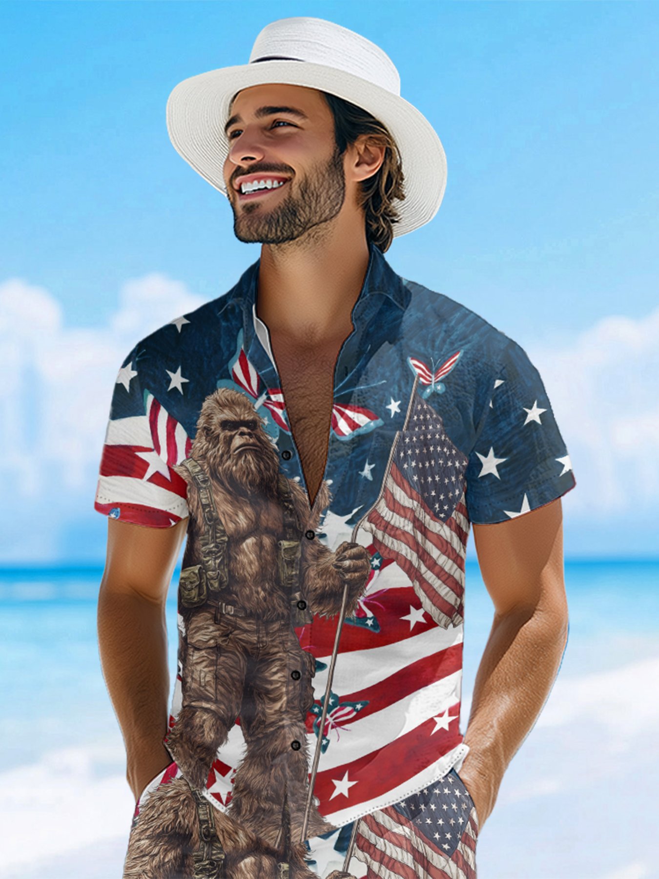 Moisture-wicking American Flag Pride Bigfoot Chest Pocket Casual Shirt
